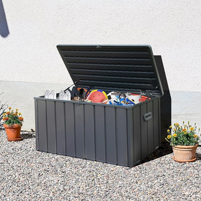 Domi Outdoor Deck Box 100 Gallon, Waterproof Lockable Steel Outdoor Storage Container with Resin Lid for Outside Cushions, Garden Tools and Pools Equipment (Gray)