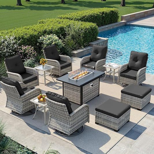 12-Piece Small Patio Furniture Set, Outdoor Swivel Rocking Chairs Set with 55,000 BTU Fire Pit Table Wicker Chairs and Ottomans, Patio Bistro Set for Balcony, Deck, Porch, Black