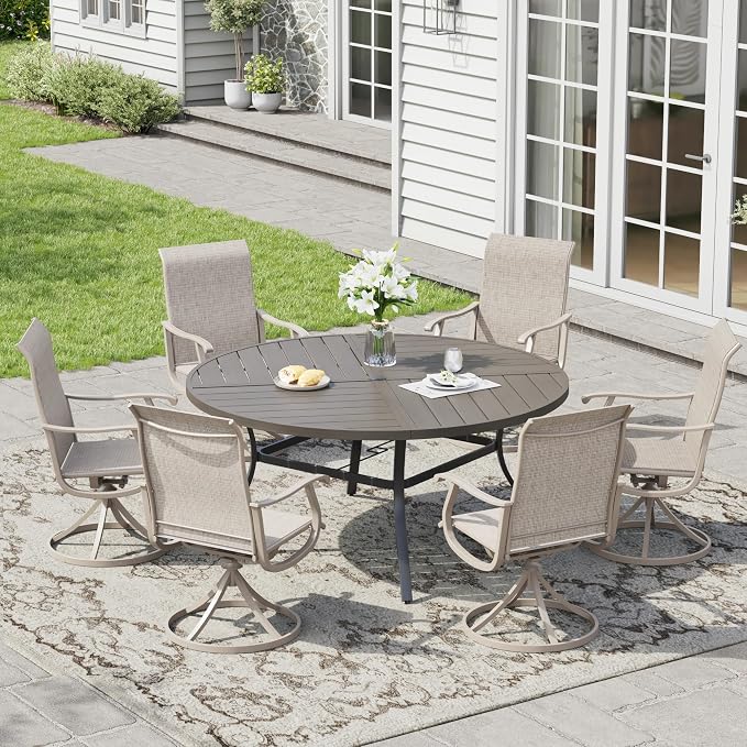 7 Pieces Patio Furniture Dining Set, 6 Textilene Swivel Dining Chairs, 53" Outdoor Round Metal Table with 1.57" Umbrella Hole, Outdoor Dining Set for Porch, Lawn, Garden, Grey/Sand