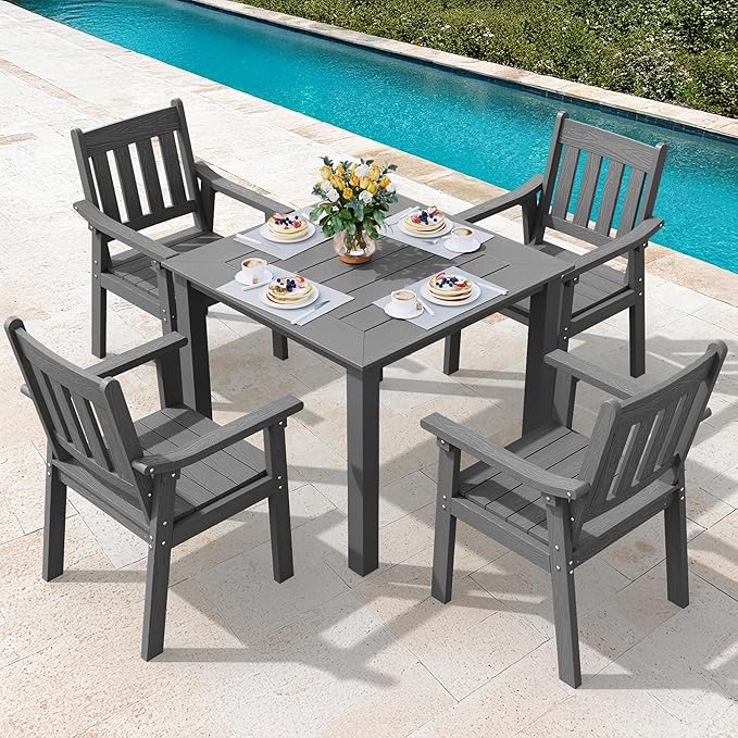 YEFU HIPS Patio Table Set: 5 Piece Outdoor Square Table and Chairs with Metal Aluminum Frame - Gray Modern Plastic Patio Dining Furniture Set 4 Person for Outside Deck