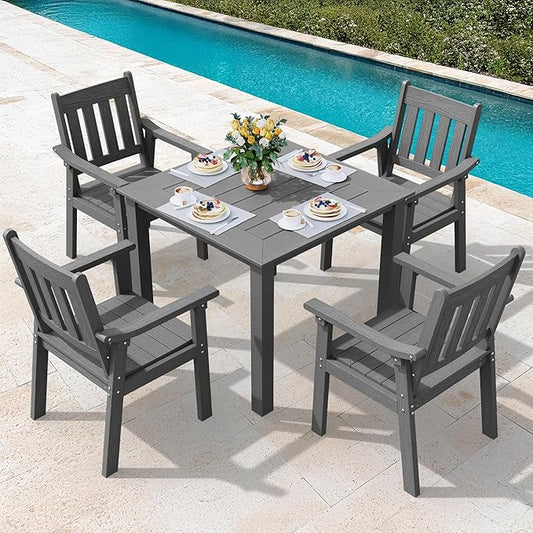 YEFU HIPS Patio Table Set: 5 Piece Outdoor Square Table and Chairs with Metal Aluminum Frame - Gray Modern Plastic Patio Dining Furniture Set 4 Person for Outside Deck