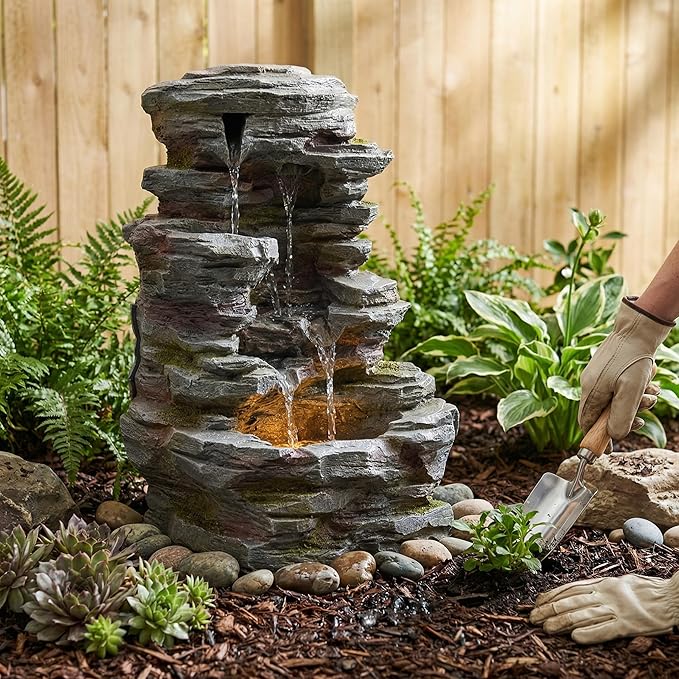 20-Inch Outdoor Water Fountain, 5-Tier Cascading Rock Resin Water Fountain with Warm LED Light, Stone Imitation, Outdoor Water Feature for Garden, Patio, Yard, Deck, Porch, Lawn in Gray