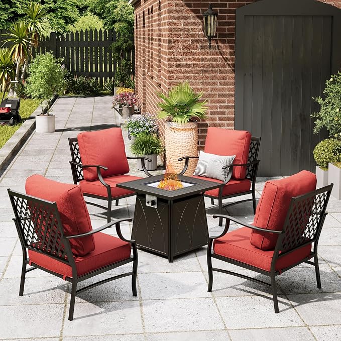 MIXPATIO Patio Furniture Set with Fire Pit Table, 5 Pcs Metal Outdoor Conversation Set, 4 Single Chairs with 5.75" Extra Thick Cushion and 28" Fire Pit Table for Backyard Deck, Red