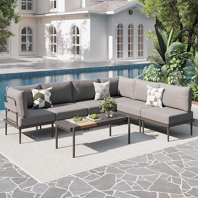 Metal Patio Furniture Set, 7 Pieces Outdoor Sectional Couch Sets with Coffee Table & Washable Thick Cushion, Outdoor Corner Sofa Set for Deck, Patio, Backyard (Gray)
