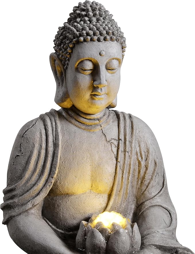 21.3 Inch Buddha Water Fountain with LED Lights, Indoor & Outdoor Decorative Waterfall Feature for Patio, Backyard, Porch & Home Decor, Light Gray