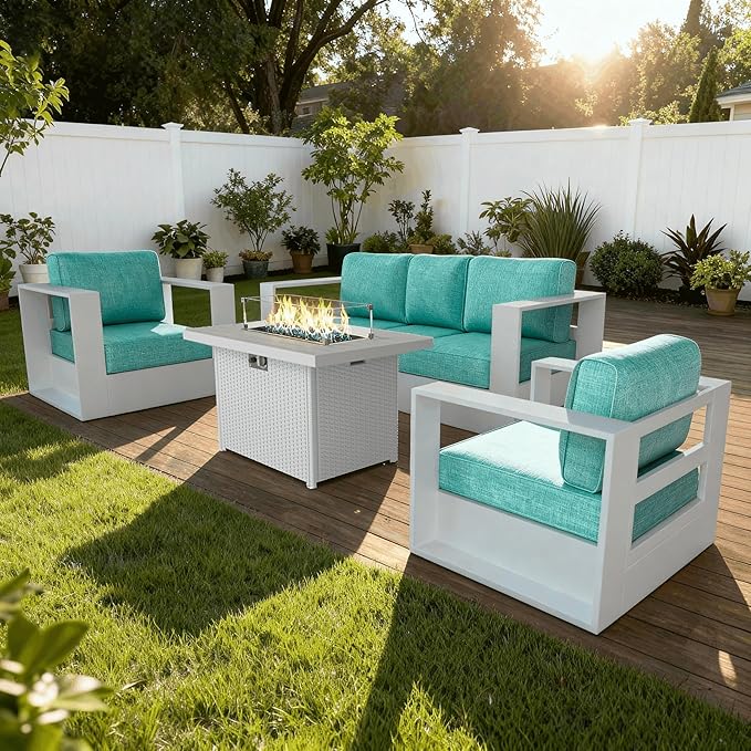 4 Pieces Patio Furniture Set with Fire Pit Table, Metal Modern Conversation Set with Deep Seating and Widened Aluminum Frame for Deck, Porch, Garden