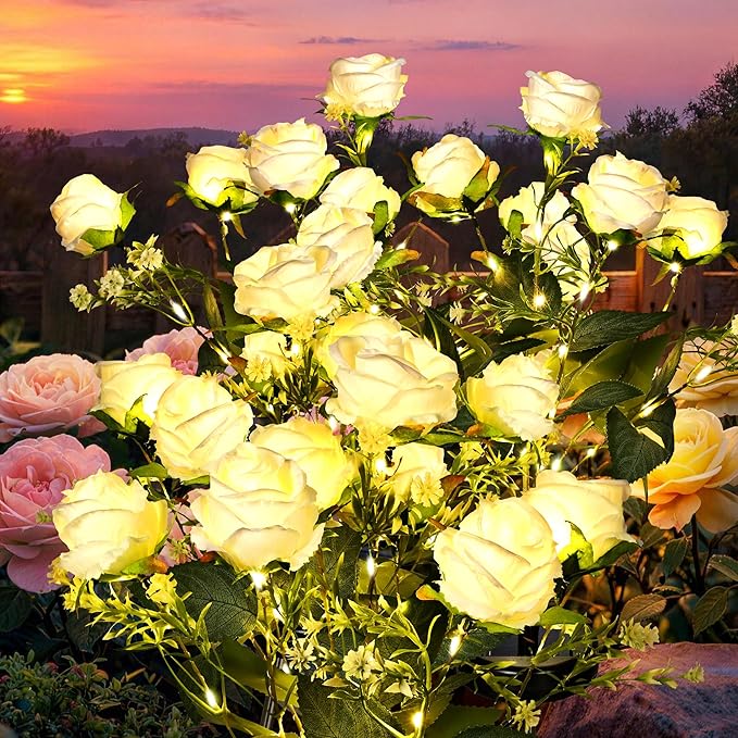 GIGALUMI Solar Lights Outdoor for Garden Decor, 4 Pack Solar Flower Lights Waterproof, 2 Lighting Modes 28 Roses for Pathway,Yard, Patio Decoration, Gardening Gifts for Women (White)