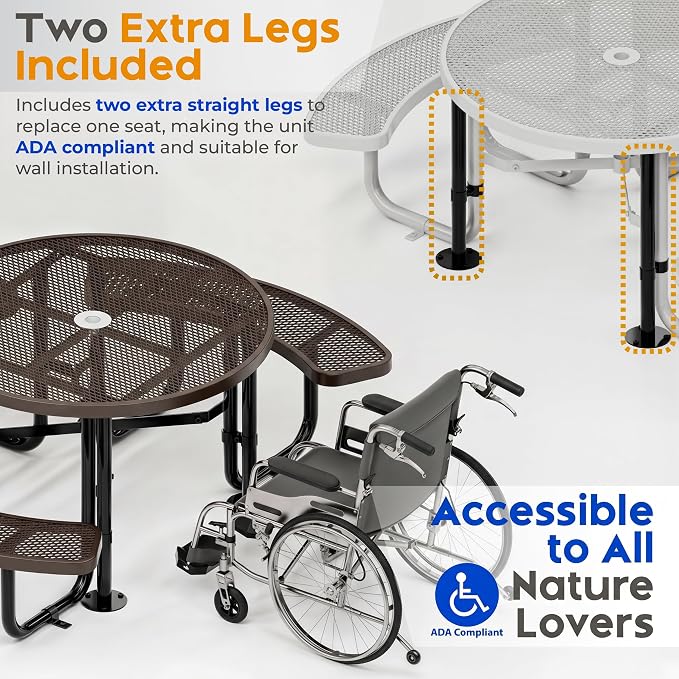 Metal Picnic Tables for Outdoors with Umbrella Hole - Coated Steel Heavy Duty Commercial Grade Furniture Set with Adjustable Seats (Brown, 46 in, Round, Expanded Steel)