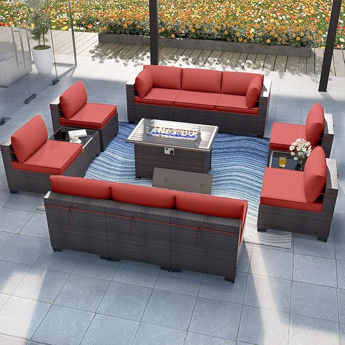 Patio Furniture Set with Fire Pit Table 13-Pieces Outdoor Sectional Furniture Outdoor Rattan Patio Conversation Sets with 43in Propane Gas Fire Pit Table and Glass Table, Red