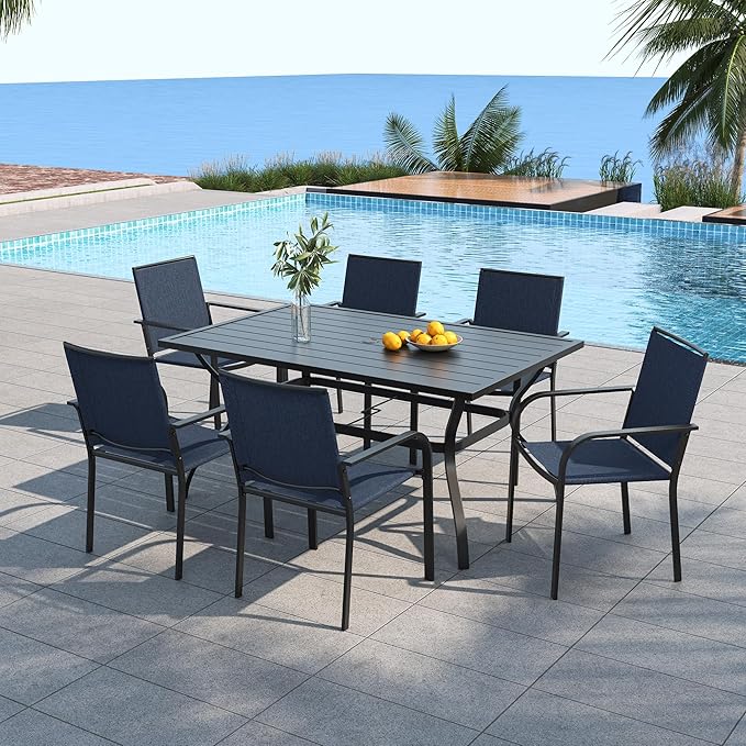 Anmutig 7 Piece Outdoor Patio Dining Set, 60"X38" Rectangular Patio Table, 6 Stackable Chairs, All Weather Furniture Set - Navy Blue