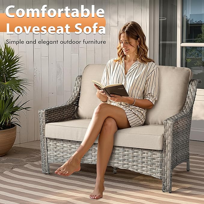 6 PCS Outdoor Patio Furniture Sets,Patio Conversation Sets Outside Rattan Soft Cushion Sofa with 2 Wicker Rocking Chairs & 54 in Fire Pit Table Fit Backyard Porch Garden Poolside Balcony,Beige