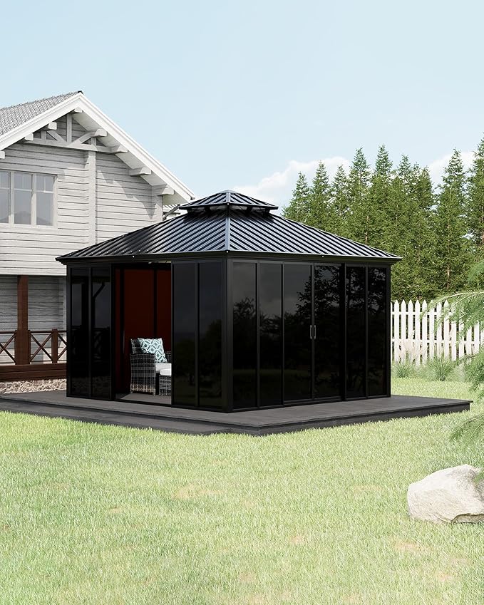 GarveeLife 12x12 ft Sunroom Hardtop Gazebo, Enclosed Gazebo with Floor-to-Ceiling Sliding Doors, All-Aluminum Alloy Frame, Screen Outdoor Room Solarium for Backyard, Patio, and Deck
