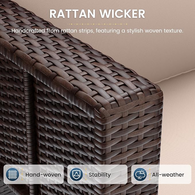 Amopatio Patio Furniture Set, Space-Saving Nestable All-Weather Wicker Outdoor Conversation Set with Glass Coffee Table, Cushions & Ottomans for Deck Backyard Porch Lawn Khaki