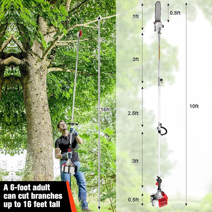 Pole Saws Gas Powered - 58CC 2 Cycle 16 Foot Extendable Pole Saws for Tree Trimming Branch Cutting, Upgraded Gas Pole Saws 2023（US Stocks)
