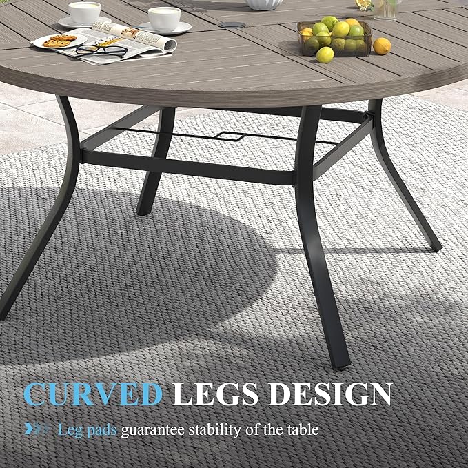 VICLLAX Patio Dining Set for 6, 6 Seats Outdoor Furniture Includes 53.1" Round Patio Table and Swivel Padded Chairs, Grey Wood Grain Tabletop and Sandshell Fabric