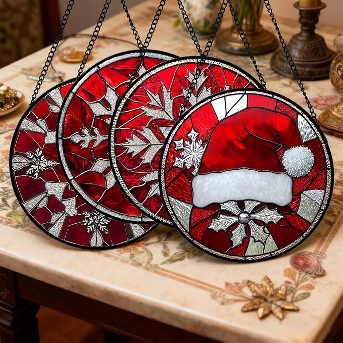 DASTOLL Stained Glass Window Hanging 4 Pcs Set Red Christmas Decorations Theme Large 15" - Suncatcher Door Garden Sun Catcher Decor Birthday for Mom Woman Nana Men Friend Wife