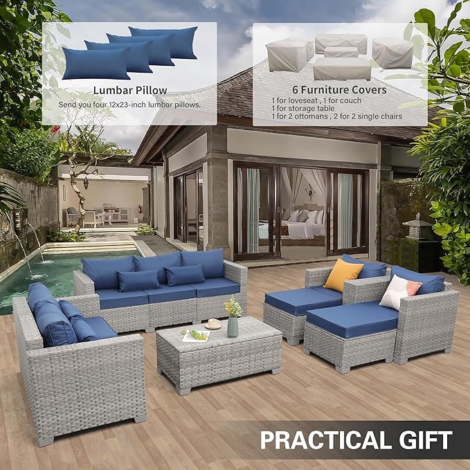 WAROOM Patio Furniture Set 7 Piece Grey Wicker Outdoor Conversation Sets PE Rattan Sectional Sofa with Storage Coffee Table and Anti-Slip Navy Blue Cushion