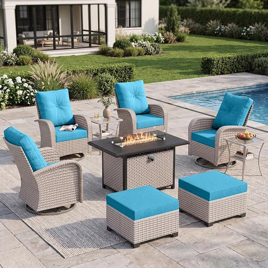 9-Piece Patio Furniture Set, Outdoor Swivel Rocking Chairs Set with 55,000 BTU Fire Pit Table,All Weather Conversation Set for Porch Poolside Balcony