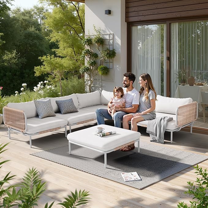 Patio Furniture Set, Outdoor Patio Furniture Oversized Metal Single Sofa, 1-seat Conversation Set with Cushion for Indoor and Outdoor, White Frame and Beige Mat (1 Seat 2 Armrests)