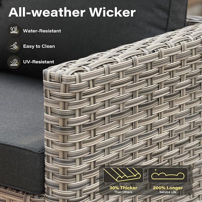 11 Pieces Outdoor Sectional Patio Furniture Set with 54" Fire Pit,Wicker Conversation Sets Rattan L Shaped Couch Swivel Rocking Chairs,Modular Outdoor Sofa for Porch Balcony Backyard Black