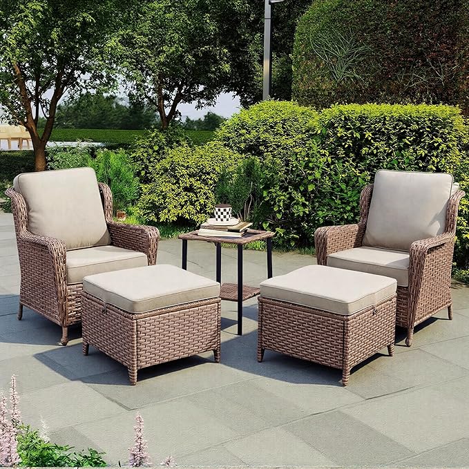 5 Piece Patio Furniture Set with Ottomans, PE Wicker Outdoor Chairs with Cushions & Tempered Glass Table, Space-Saving Balcony Furniture Set for Porch, Garden, Backyard, Beige