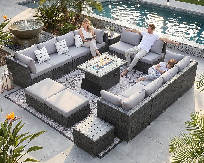 NICESOUL 15 Piece Outdoor Sectional with Fire Pit Table, Modern Luxury Patio Deep Seating w/Firepit, 29.3'' High-Back Wicker Couch Thick, Big High-Weight Capacity Sofa for Terrace, Yard, Light Gray