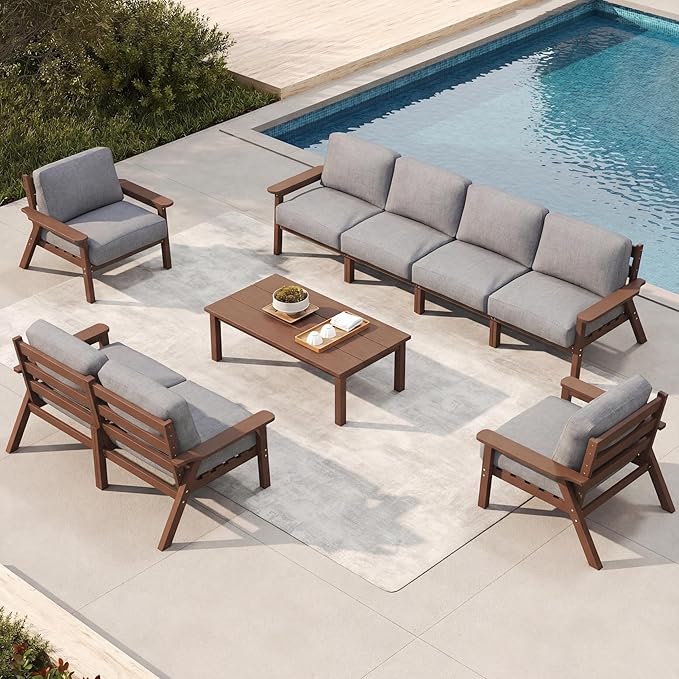 Patio Furniture Set 8 Seats, HDPE Outdoor Sectional with Gray Washable Thick Cushions, Coffee Table, Patio Conversation Sets for Lawn, Garden, Porch, Balcony, Deck (Brown Frame)
