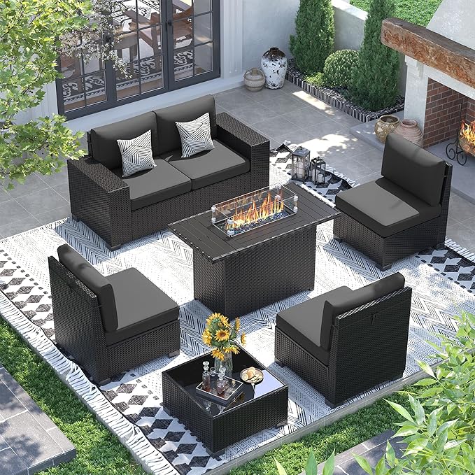 UDPATIO Patio Furniture Set with Fire Pit Table, Outdoor Wicker Conversation Set with 8'' Wide Armrests, Patio Sectional Sofa Set for Backyard, Deck, Black Cushions