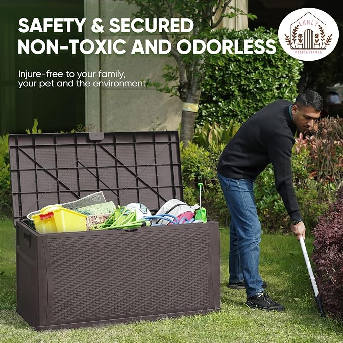 EHHLY 100 Gallon Outdoor Storage Box, Lockable Waterproof Package Delivery Boxes for Outside, Resin Outdoor Storage Deck Box for Garden Tools, Cushions, Pool Supplies, Indoor Outdoor Accessories