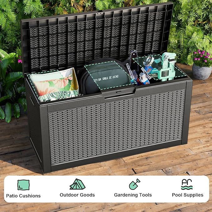 DRATO 70 Gallon Outdoor Storage Box Waterproof, Lockable Resin Deck Box for Patio Furniture, Pool Supplies & Garden Tools, Weatherproof Outside Storage Bin for Backyard Porch (Black, 70 Gallon)