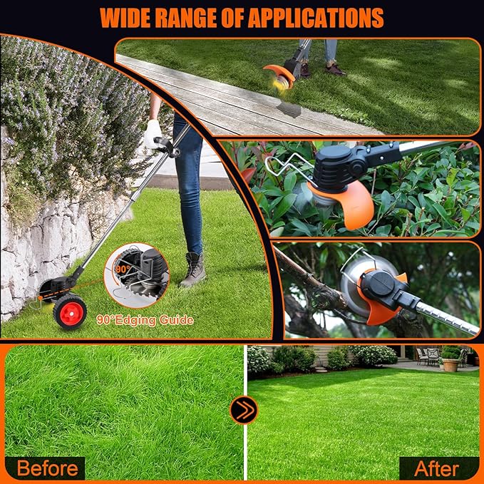 Electric Weed Wacker Cordless with Wheels, 2pcs Batteries&4 Types Blades,Lightweight, Low Noise Weed Trimmer 21V stringless Weed Wacker, Grass Trimmer/Brush Cutter/Edger, for Thick Weeds&Yard Garden