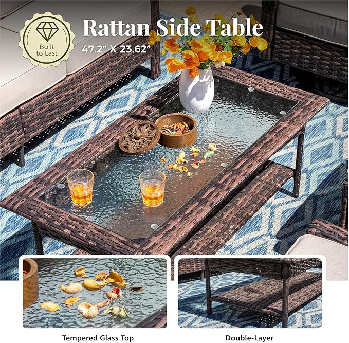6-Piece Wicker Patio Furniture Set with Swivel Chairs, High Back Outdoor Sofa with 5.5-inch Thick Cushion, All-Weather Wicker Patio Conversation Set for Deck Yard Pool, Beige