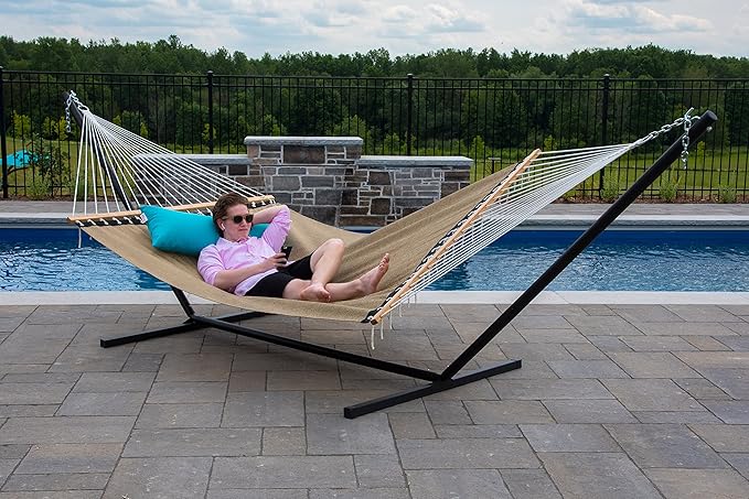 Vivere Quick-Drying Phifertex Fade Resistant Double Poolside Hammock with Spreader Bars (Taupe)