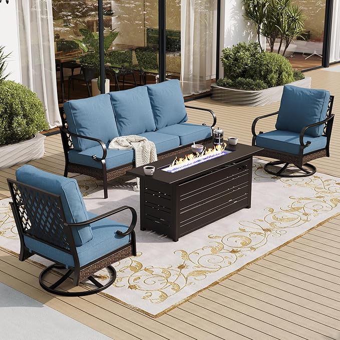 4 Piece Metal Outdoor Patio Furniture Sets with Firepit Table, Patio Conversation Sets 1 3-Seater Sofa, 2 Swivel Sofa with 5.75" Thick Cushion Backyard Furniture for Deck, Denim Blue