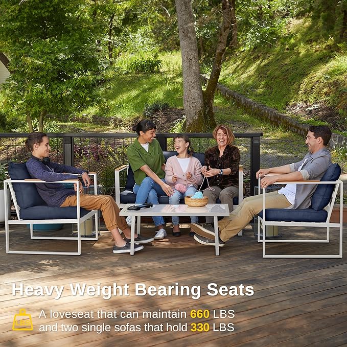 East Oak Patio Furniture Set, 4-Piece Outdoor Patio Set with Sofa, Removable & Washable Seating Cushion, Tempered Glass Table, Outside Patio Conversation Sets, Ivory White & Navy Blue