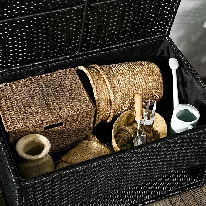 Outdoor Deck Box Shoe Storage, PE Rattan Wicker Towel Rack with Liner for Indoor, Outdoor, Patio Furniture Cushions, Pool, Toys, Garden Tools, Black