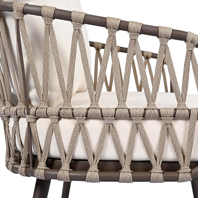 Montary 4-Piece U-Shaped Outdoor Patio Conversation Set - Metal Chairs with Woven Rope Design, Includes Acacia Coffee Table & Thick Cushions for Garden,Poolside, Balcony, Backyard (Brown)