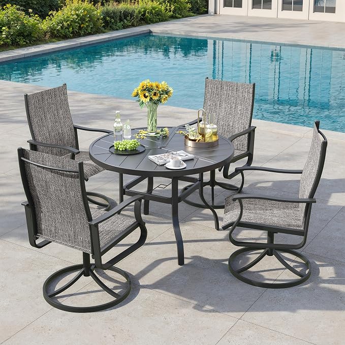 5 Pieces Patio Dining Set, Patio Outdoor Furniture Set of 4 Patio Swivel Dining Chairs and 39" Patio Spliced Round Tabletop with Umbrella Hole, for Deck, Backyard, Poolside & Garden