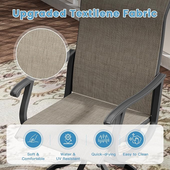 DIFY Patio Table and Chairs Set for 4, 5 Piece Outdoor Dining Set Includes 37.8" Black Square Metal Dining Table with Umbrella Hole and 4 Brown Textilene Swivel Patio Chairs, for Garden Backyard Deck