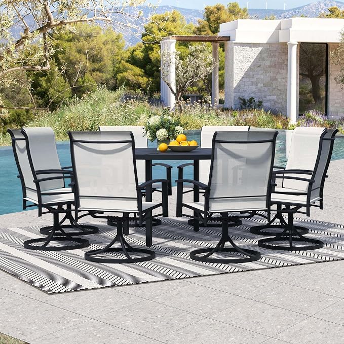 9-Piece Outdoor Dining Set for 8 – 60" Black Round Outdoor Table with Umbrella Hole & 8 White Patio Swivel Chairs, All-Weather Patio Furniture