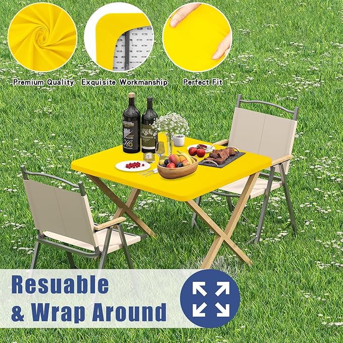 Moosfor Spandex Picnic Table Cloth 2 Pack, Elastic Fitted Tablecloths for Square Tables, Stretch Washable Patio Table Cover for Outdoor, Camping, Banquet and Parties (Yellow, 34"x34")