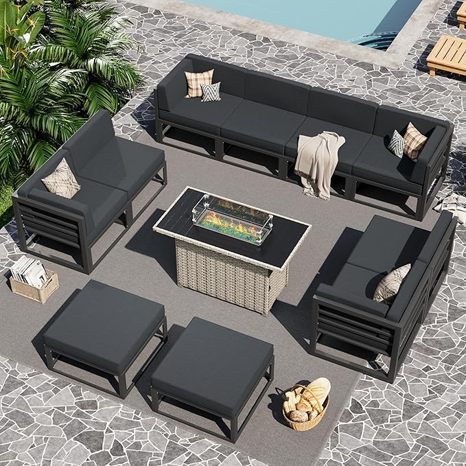 UDPATIO Aluminum Patio Furniture Set with Fire Pit Table, Modular Oversized Outdoor Sectional of Olefin 5 inch Cushion, Coffee Table and Waterproof Cover, Patio Conversation Sets for Porch, Deck