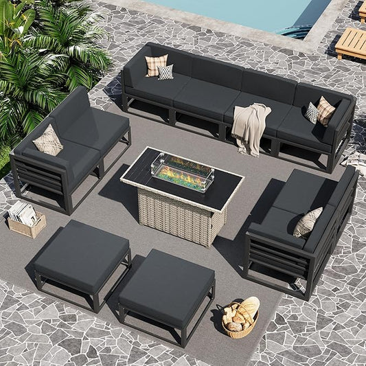 UDPATIO Aluminum Patio Furniture Set with Fire Pit Table, Modular Oversized Outdoor Sectional of Olefin 5 inch Cushion, Coffee Table and Waterproof Cover, Patio Conversation Sets for Porch, Deck