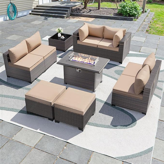 10 Pieces Outdoor Patio Furniture Set,Outdoor Sectional Furniture with 43" 55000 BTU Gas Propane Fire Pit Table,All Weather PE Rattan Wicker Patio Conversation Set with 2 Ottomans,Sand