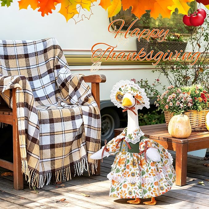 FuWeave Fall Porch Goose Outfit Maple Goose Costume Fancy Porch Geese Clothes with Wide Hat for 23" 17" Outdoor Patio