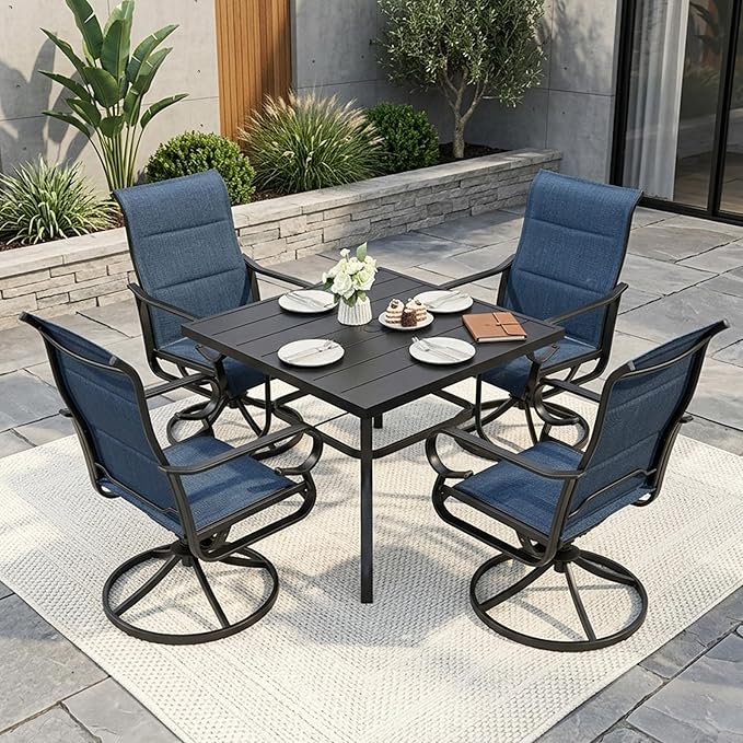 NUU GARDEN 5-Piece Breathable Textilene Outdoor Dining Set, Slatted Outdoor Table and Chairs with Swivel Base, All Weather Patio Furniture Set with Umbrella Hole for Backyard, Garden, Blue