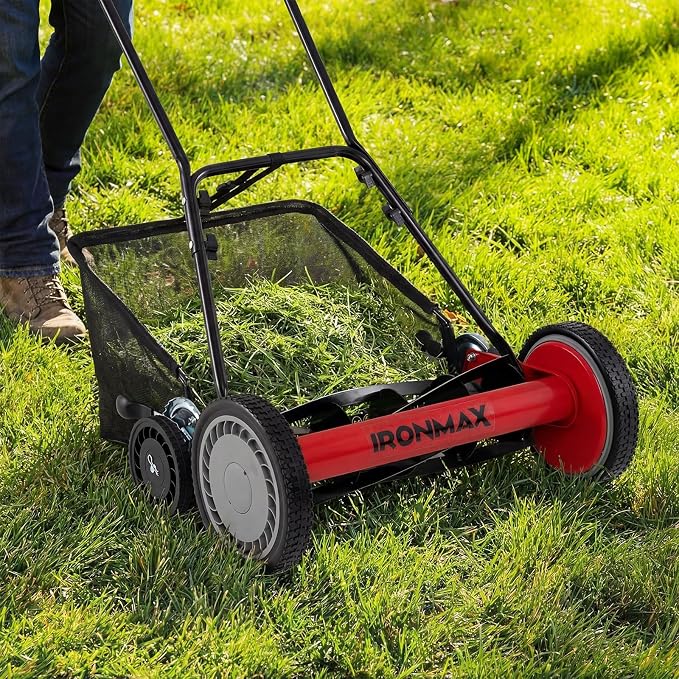 IRONMAX 18 Inch 5-Blade Push Reel Lawn Mower, 9-Level Adjustable Cutting Heights, Removable Grass Catcher, Lightweight No Motor Walk-Behind Manual Grass Cutter for Garden Yard Park (Red, 18 Inch)