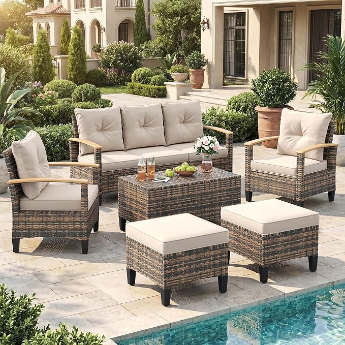 UDPATIO Patio Furniture Set, 6 Pieces Outdoor Wicker Conversation Set with 2 Ottomans & Storage Table for Lawn, Porch, Garden, Backyard, Khaki