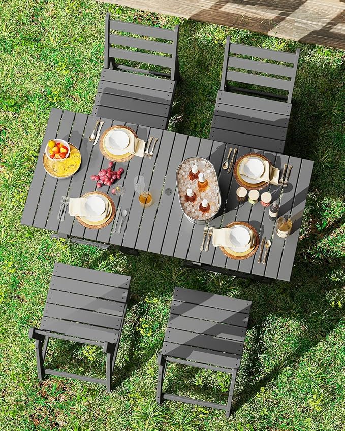 GREENVINES 5-Piece-Outdoor-Table-and-Chairs | HDPE | Patio Furniture | Slatted Dining Sets for 4 | Armless Chair | Connectable Tables | All Weather | for Backyard Poolside Garden | Grey