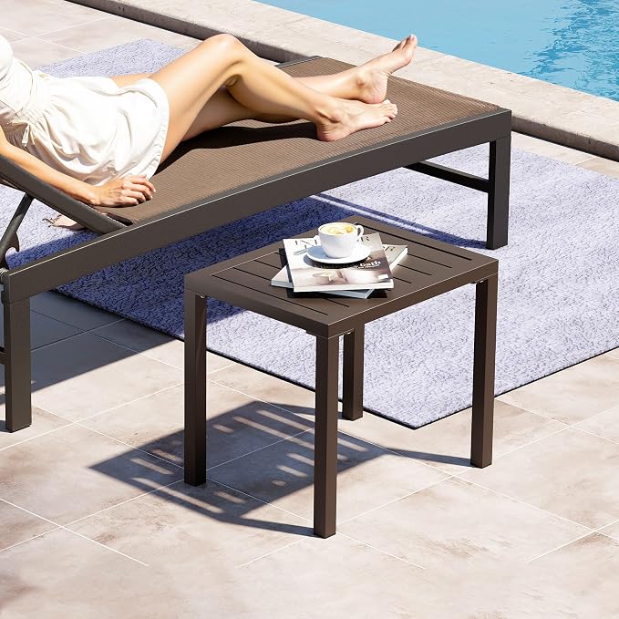 Crestlive Products Outdoor Side Table Set of 2, Aluminum Rectangular Side/End Table, Small Patio Coffee Bistro Table for Outdoor Indoor (Brown)